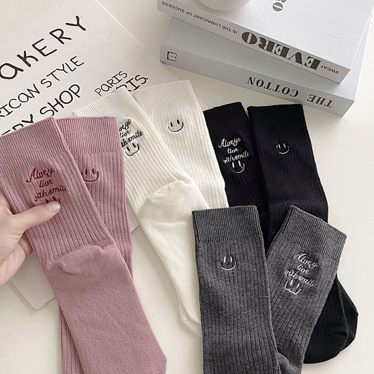 “Always Live with Smile :)” Asymmetric Design Socks
